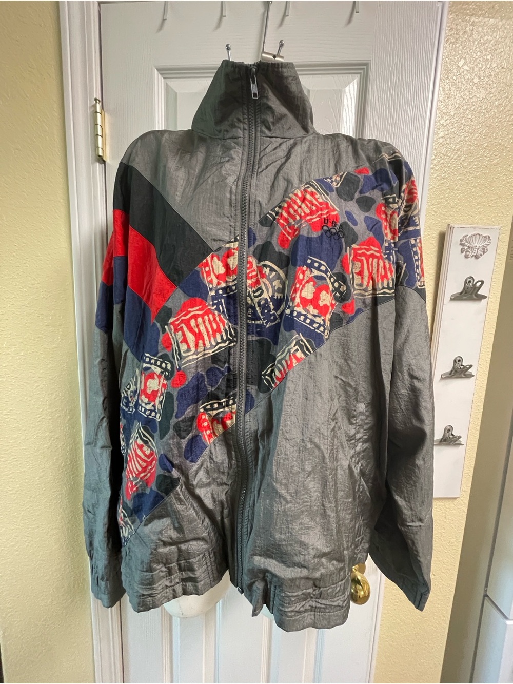 jcpenney Gray Windbreaker with Red and Blue Graphic Panels